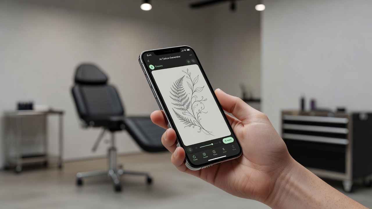 Generatore di tatuaggi IA fine line sullo schermo di uno smartphone che rende un delicato design botanico in stile single-needle