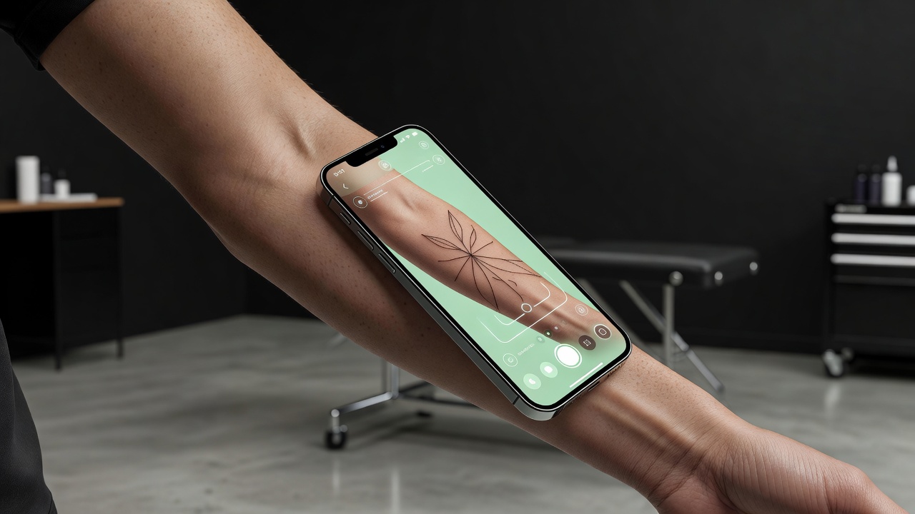 Anteprima in realtà aumentata di un design di tatuaggio fine line sovrapposto su un avambraccio tramite un'app per tatuaggi IA su smartphone