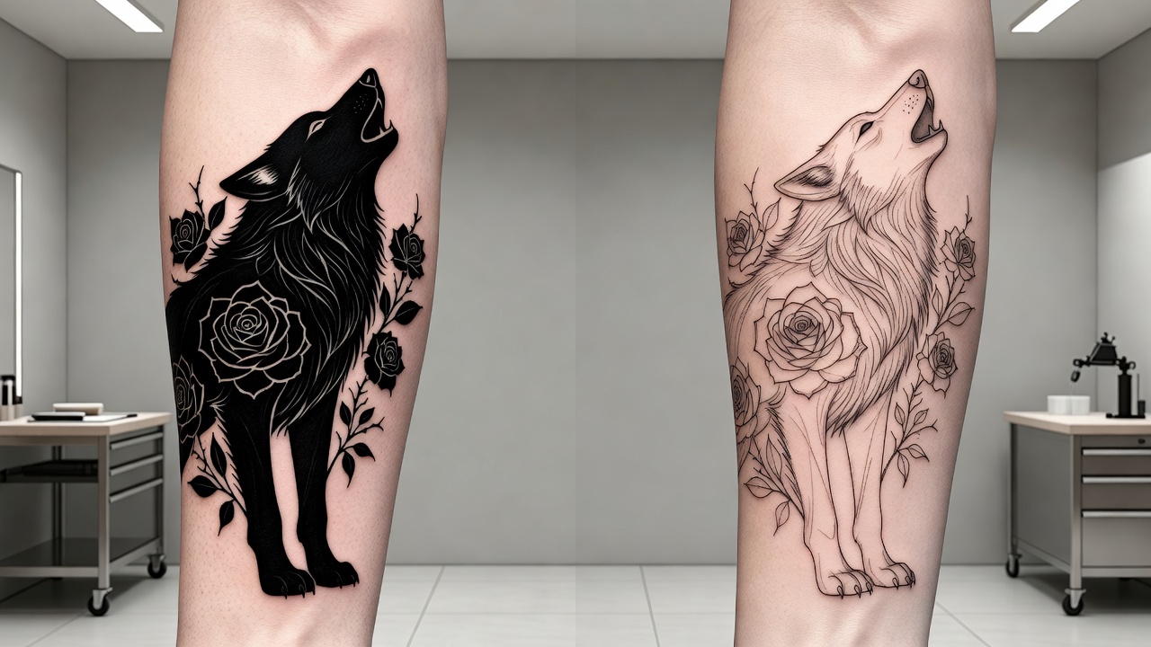 Confronto affiancato dello stesso design di tatuaggio generato in stile blackwork audace a sinistra e stile fine line raffinato a destra