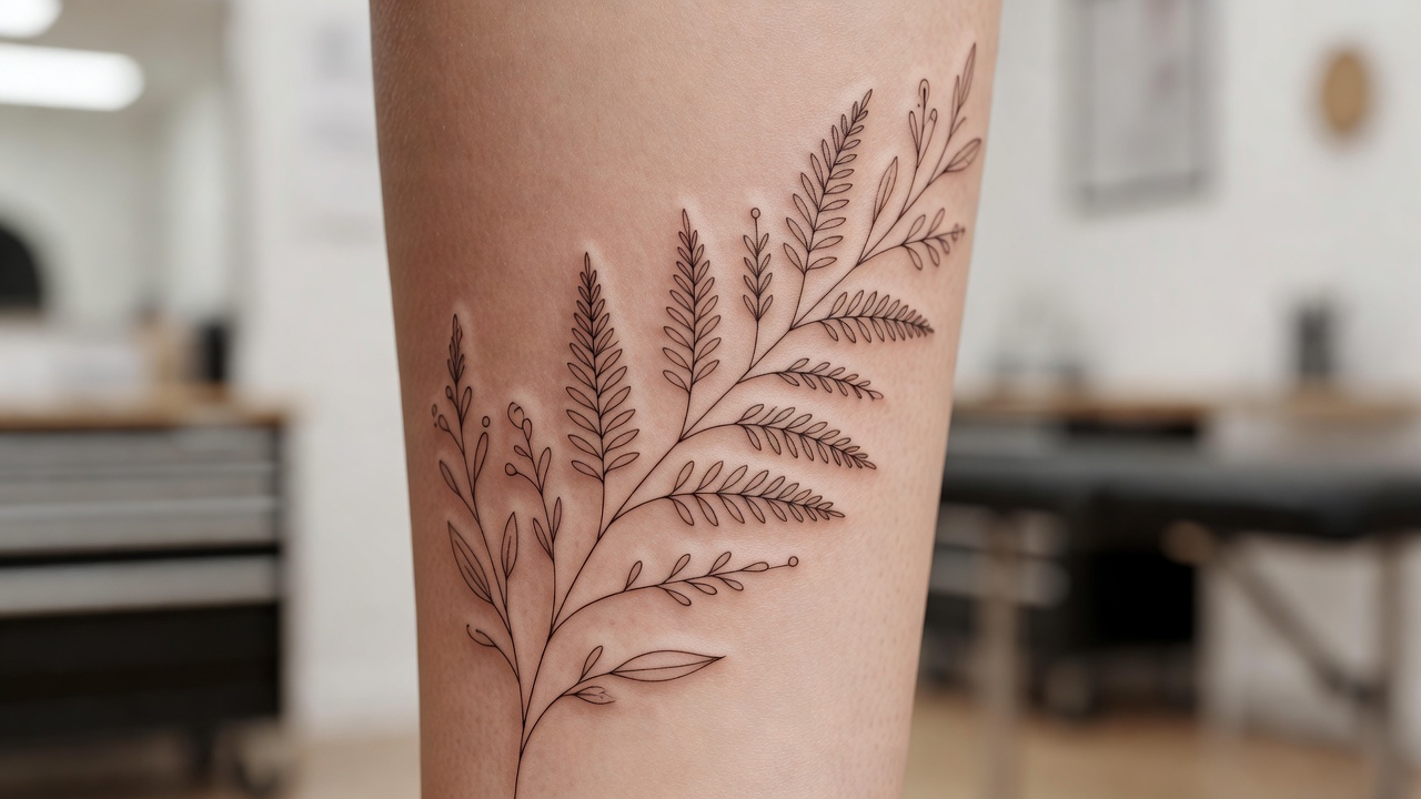 Primo piano di un delicato tatuaggio fine line single-needle sulla pelle che mostra tratti sottili uniformi e ombreggiatura minima