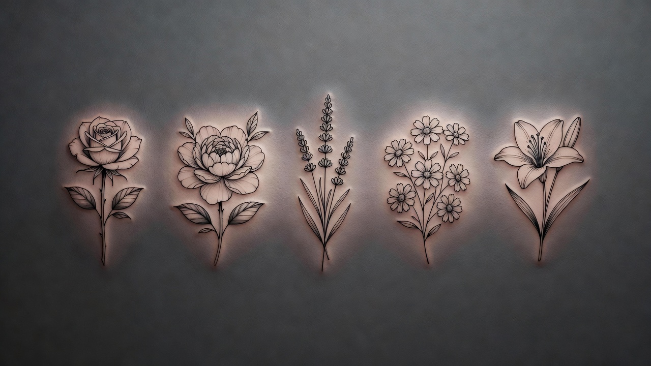 Koleksi ide tato bunga buatan AI: mawar, peony, ranting lavender, rangkaian daisy, dan lili di latar gelap polos