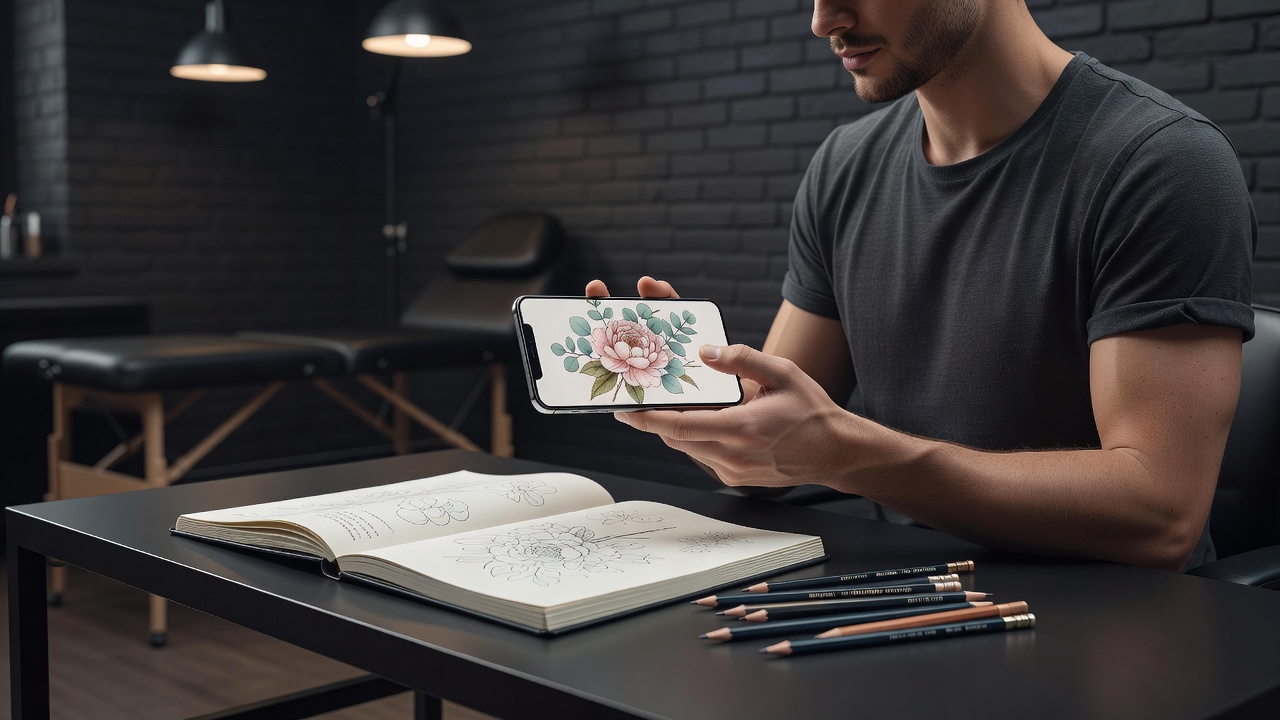 Seseorang menyempurnakan prompt tato bunga AI di ponsel dengan sketsa buket peony dan eukaliptus di layar