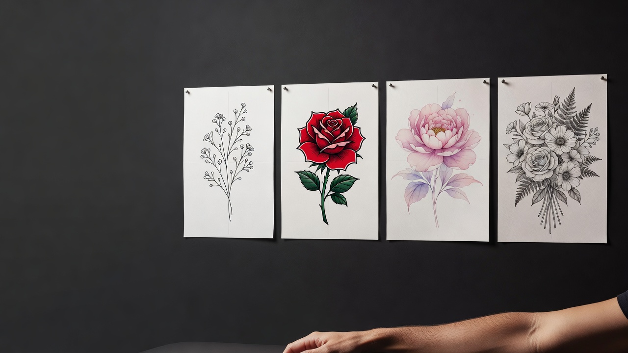 Perbandingan gaya tato bunga buatan AI: ranting botanikal fine-line, mawar tradisional tebal, peony watercolor lembut, dan buket ilustratif detail