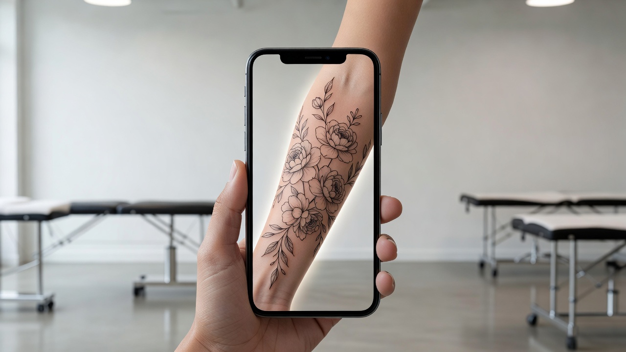 Pratinjau AR tato bunga buatan AI yang melilit lengan bawah asli lewat kamera ponsel