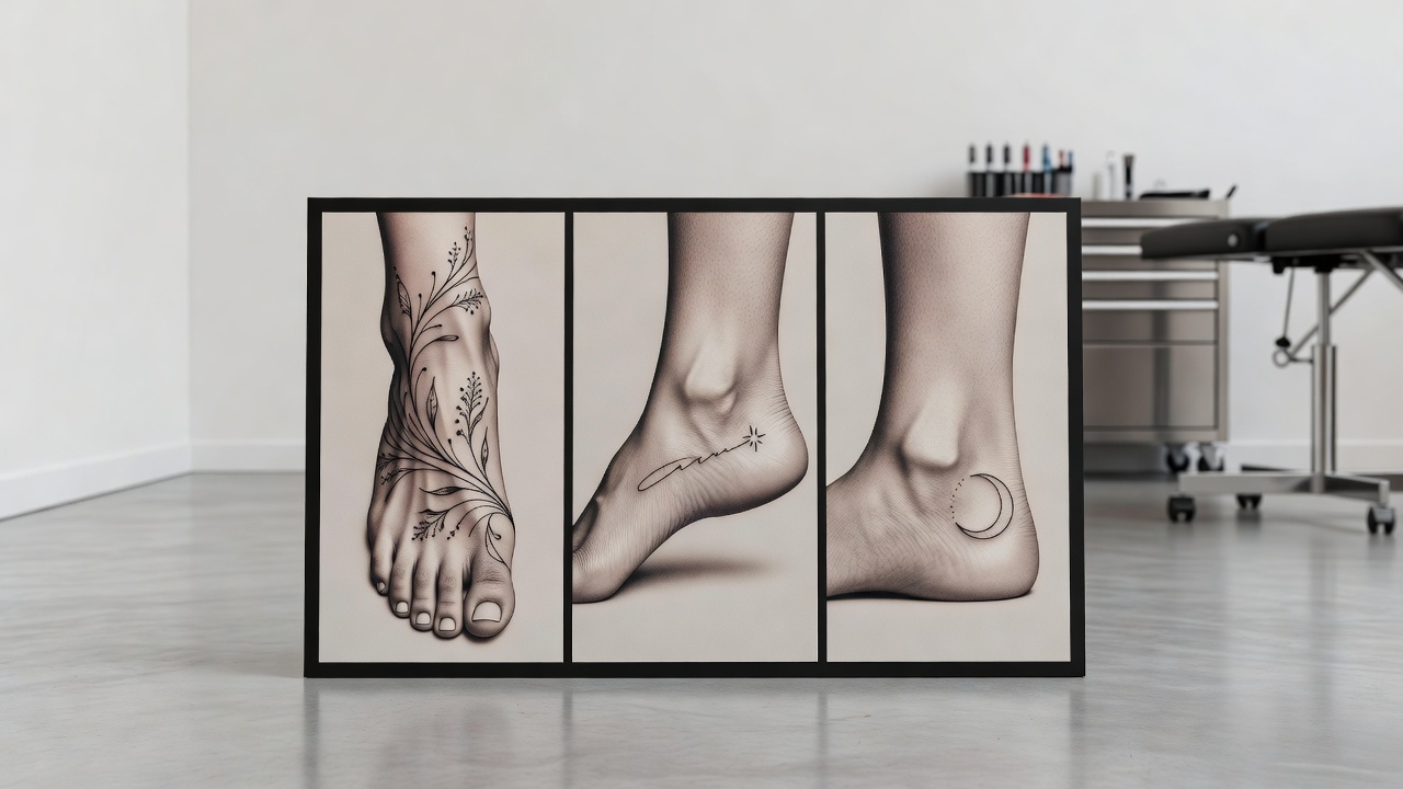 Comparison of AI-generated foot tattoo placements: a top-of-foot botanical vine, a small side-of-foot script and star, and a minimalist heel and ankle crescent moon