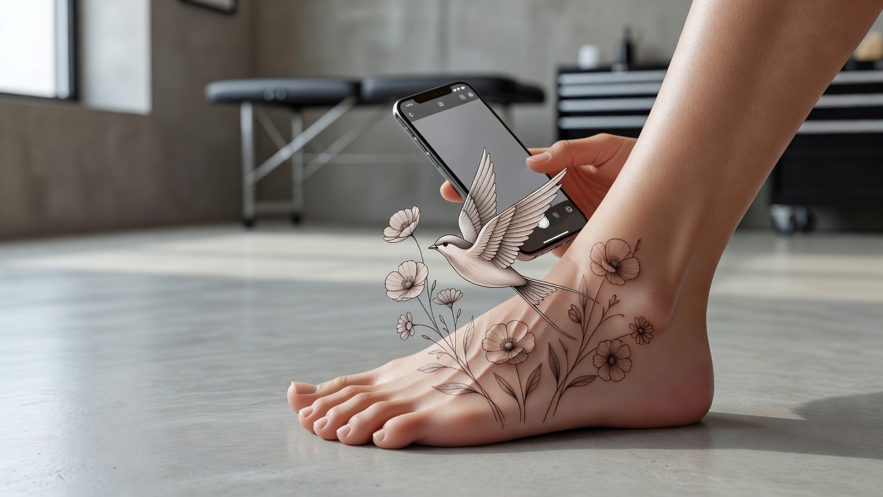 AR try-on preview of an AI-generated swallow and wildflower tattoo overlaid on a real foot through a smartphone camera