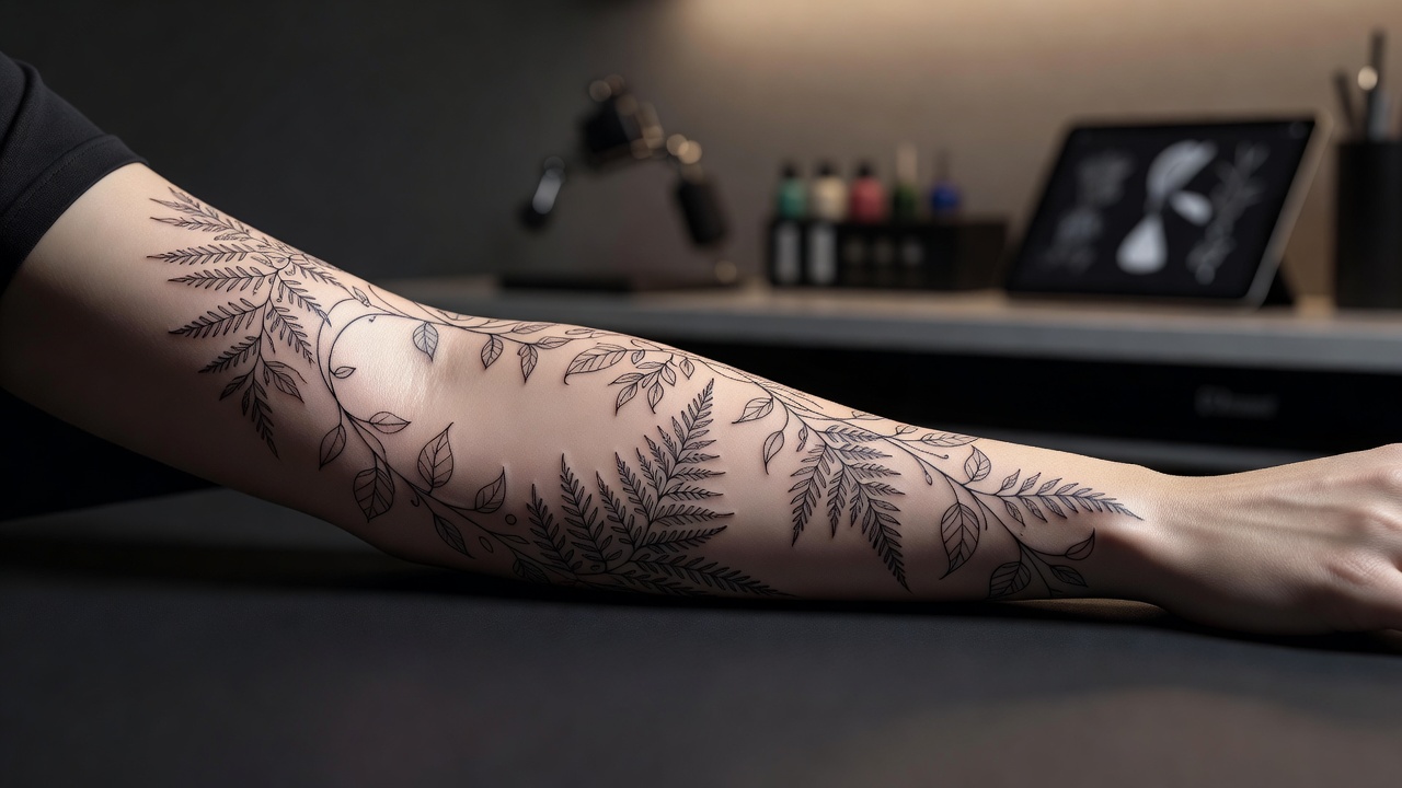 Design di tatuaggio per avambraccio generato con IA con spazio libero ai bordi pensato per estendersi in una futura manica