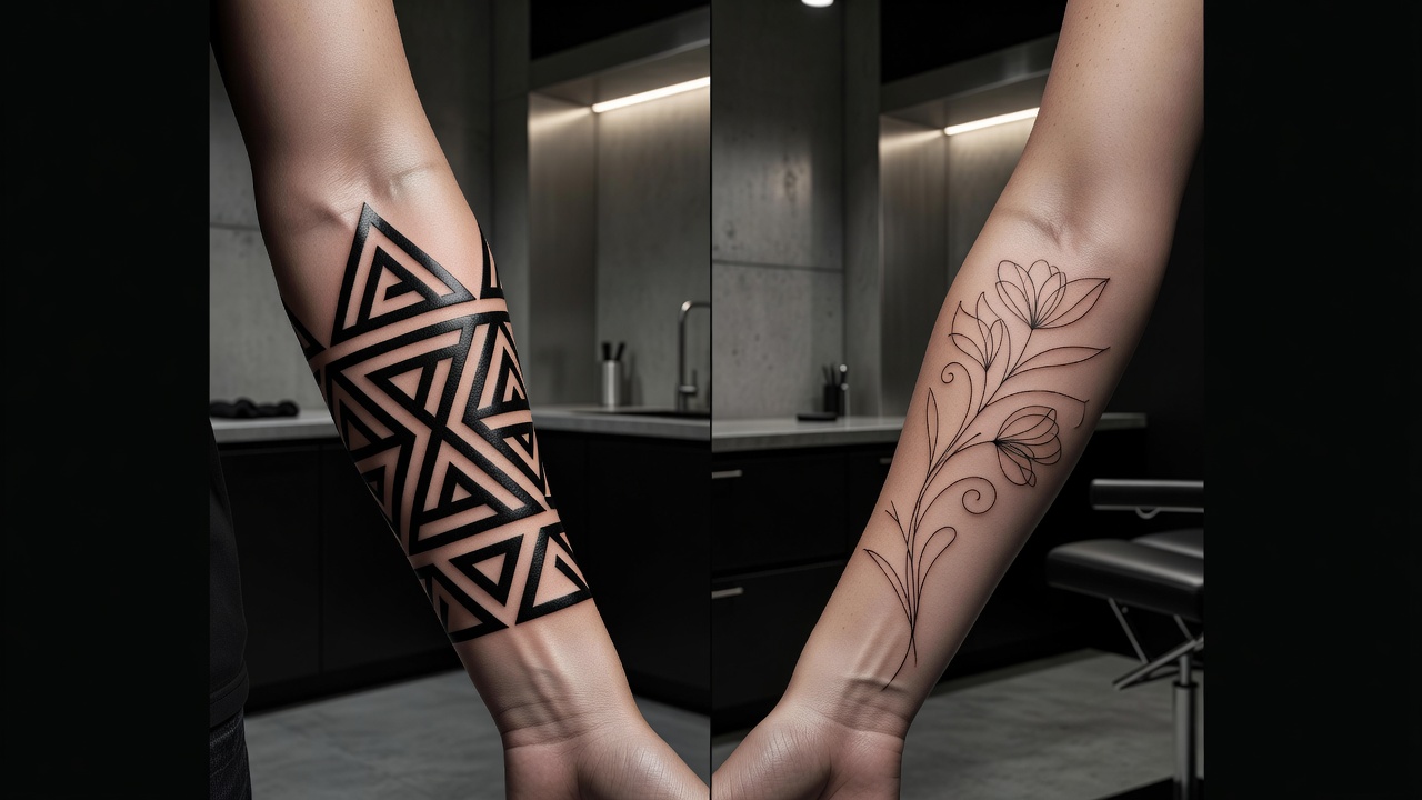 Confronto tra un design di tatuaggio generato con IA sull'avambraccio interno e sull'avambraccio esterno