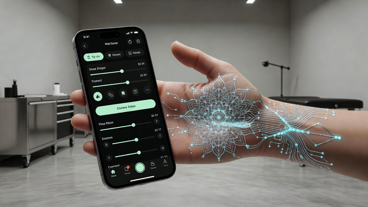 AR try-on preview of an AI-generated hand tattoo design shown on a real hand