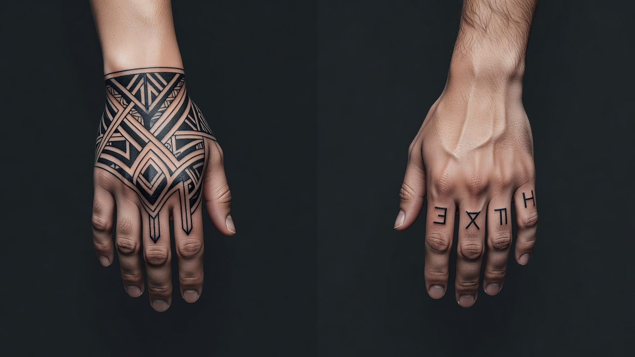 Diagram comparing an AI-generated tattoo design on the back of the hand versus across the knuckles