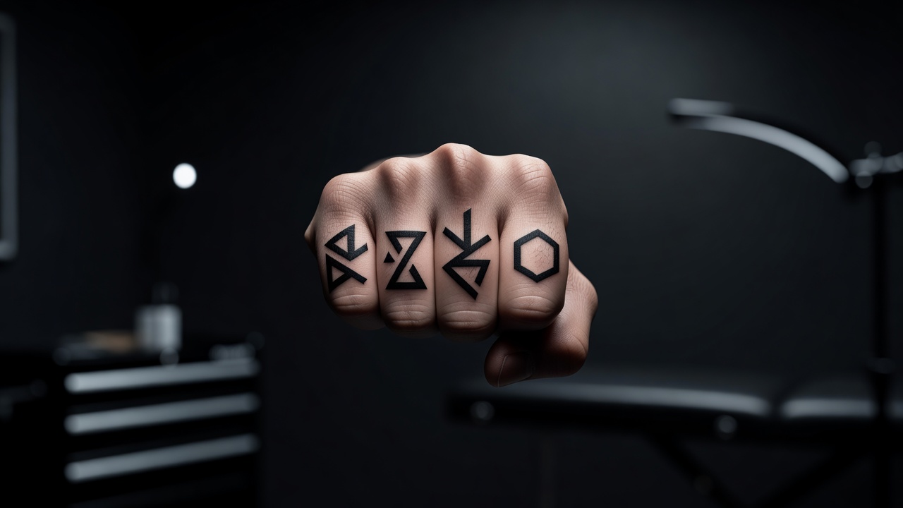 AI-generated bold knuckle tattoo design with short lettering across four fingers