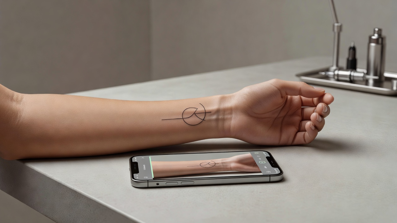 Augmented reality preview of a small minimalist tattoo design on a wrist using a smartphone AI tattoo app