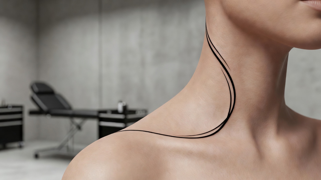 AI-generated bold minimalist tattoo design flowing along the side of the neck toward the collarbone