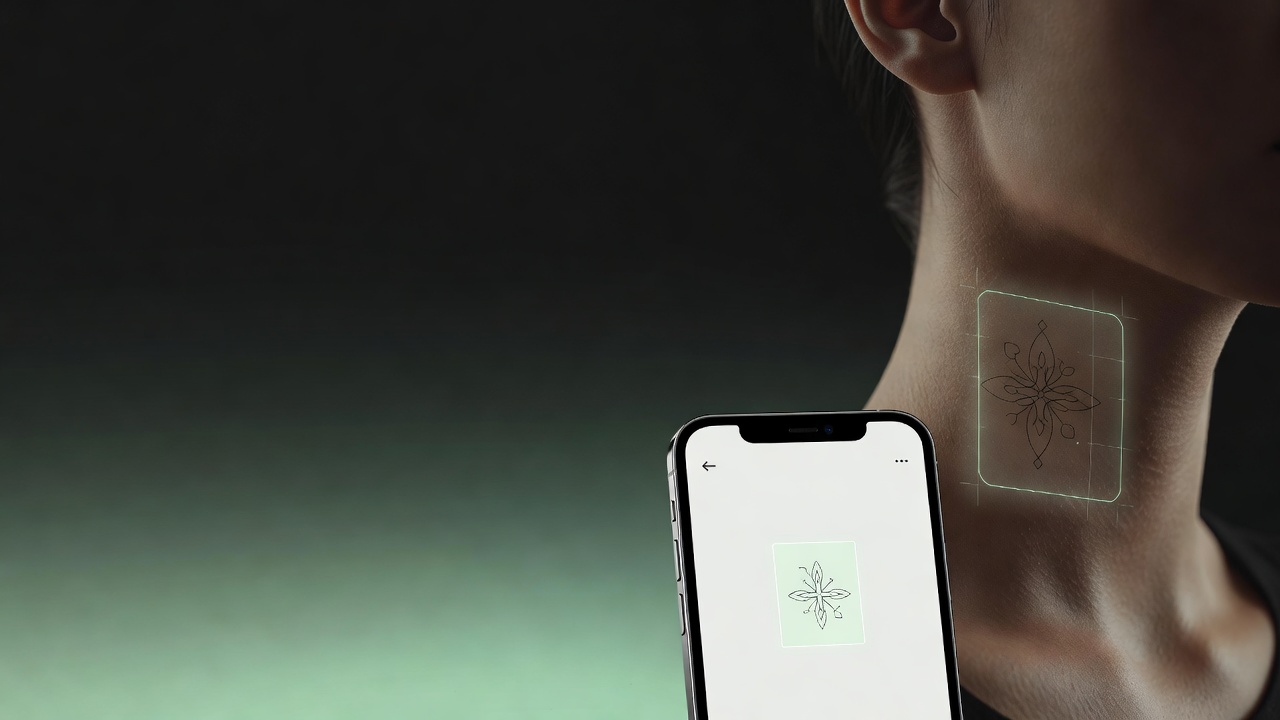 AR try-on preview of an AI-generated neck tattoo design shown on a real neck