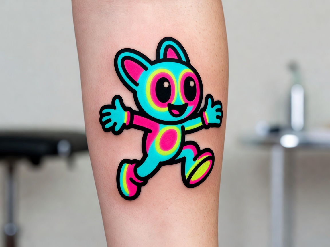 Close-up of new school tattoo artwork showing thick bold outlines and bright neon color on an exaggerated cartoon character design