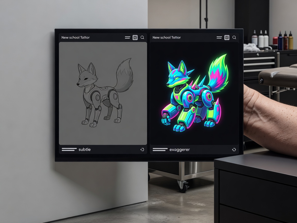 Side-by-side comparison of AI-generated new school tattoo designs showing a subtle version versus a fully exaggerated cartoonish version with neon color