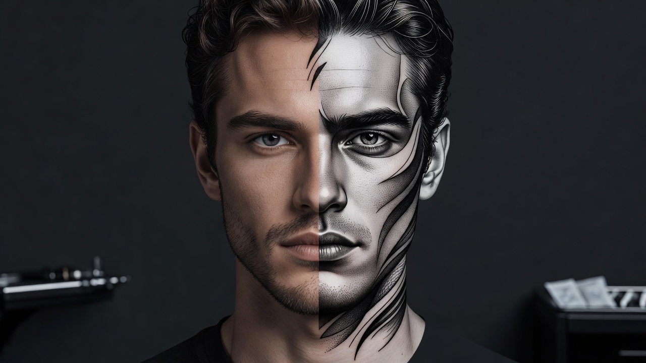 Vergelijking tussen een heldere, goed belichte referentiefoto en het bijbehorende door AI gegenereerde realistische portrettattoo-ontwerp