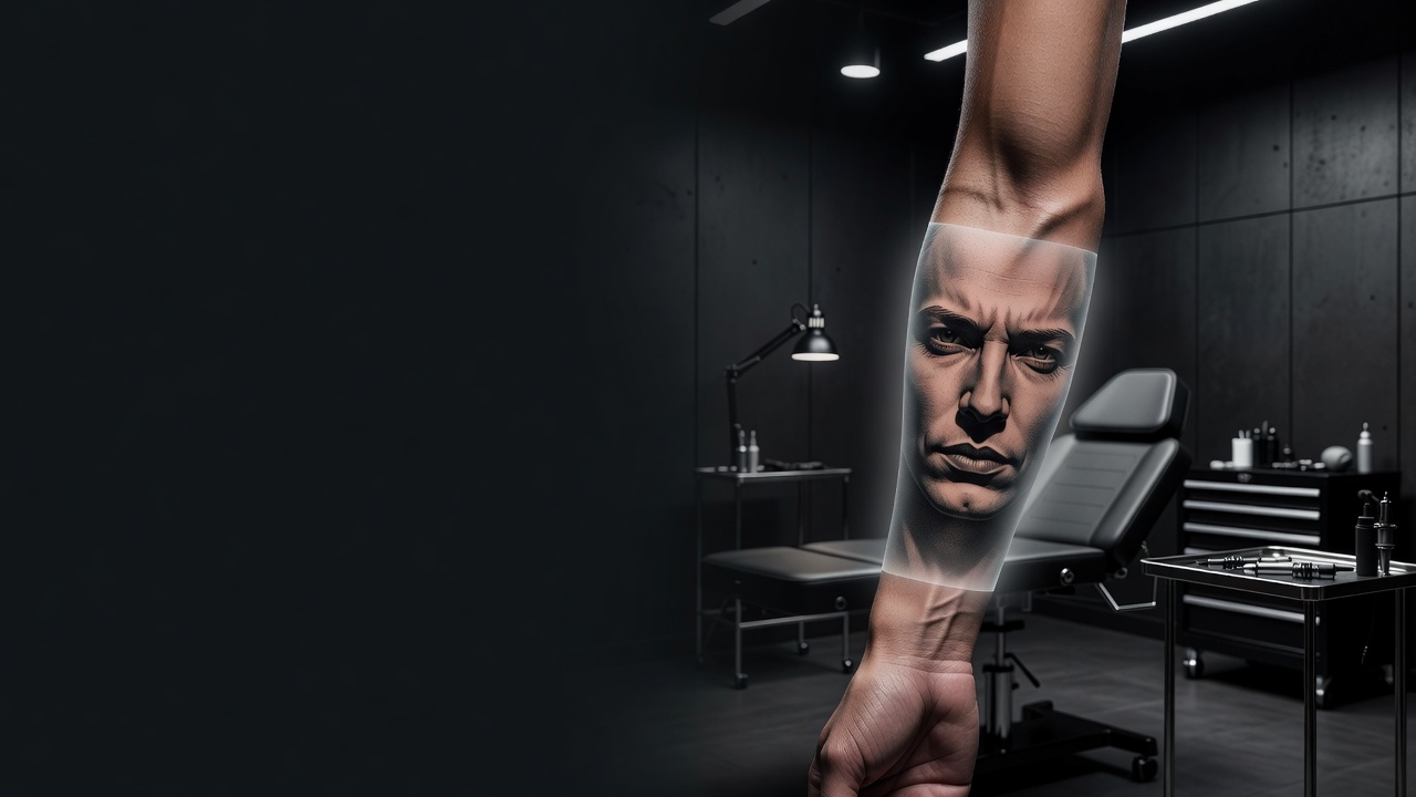 Door AI gegenereerd portrettattoo-ontwerp bekeken op een onderarm met behulp van augmented reality pastest-technologie