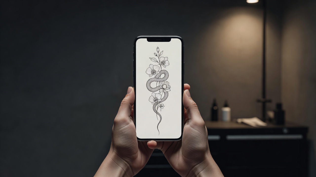 Persona che perfeziona al telefono il prompt per un tatuaggio sulle costole con uno schizzo di serpente e fiori lungo e sottile