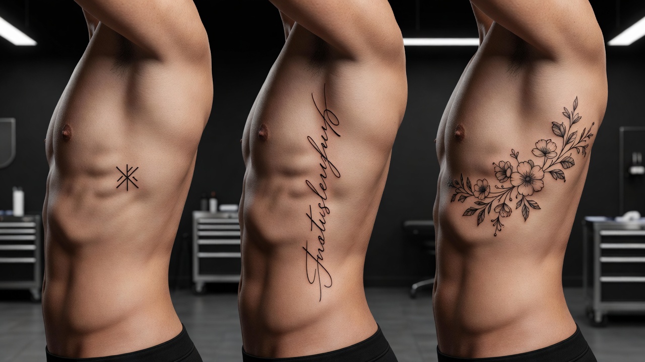 Confronto tra posizioni di tatuaggi sulle costole generati dall’AI: piccolo simbolo sulle costole basse, lunga linea verticale sul fianco e spruzzata di fiori che curva sulla gabbia toracica