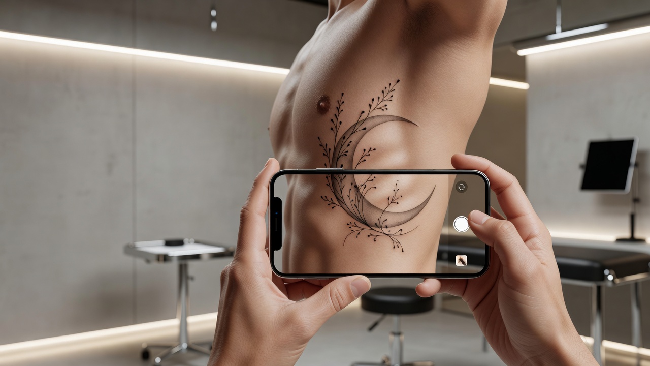 Prova AR di un tatuaggio con luna crescente e ramo generato dall’AI sovrapposto alle costole reali attraverso la fotocamera dello smartphone
