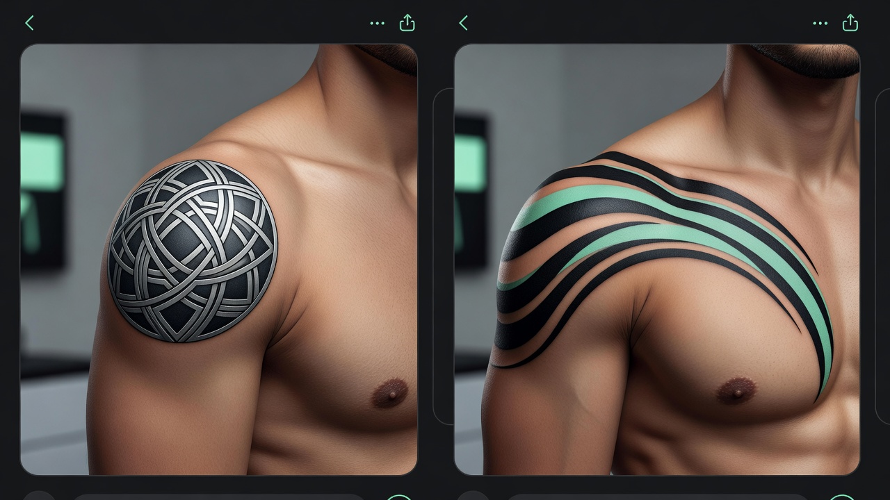 Comparison of two AI-generated shoulder tattoo designs, one contained to a circular patch and one extending toward the chest