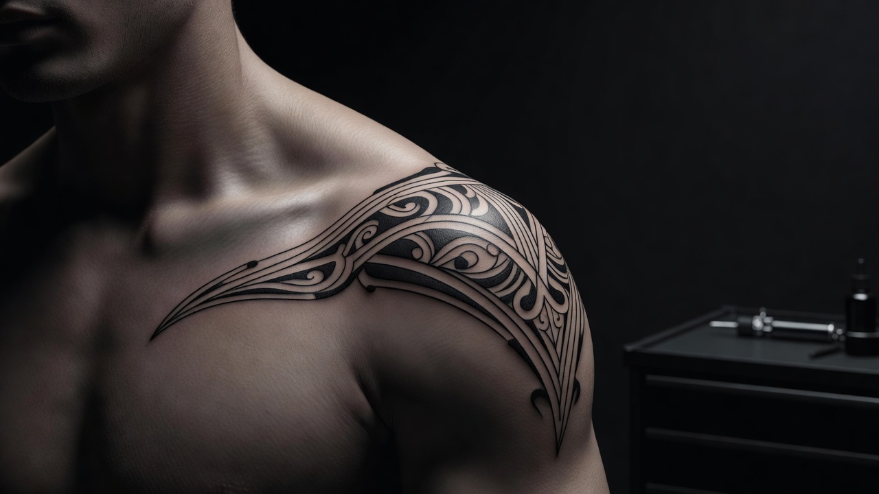 AI-generated tattoo design wrapping over the curve of a shoulder cap with clean linework following the muscle contour