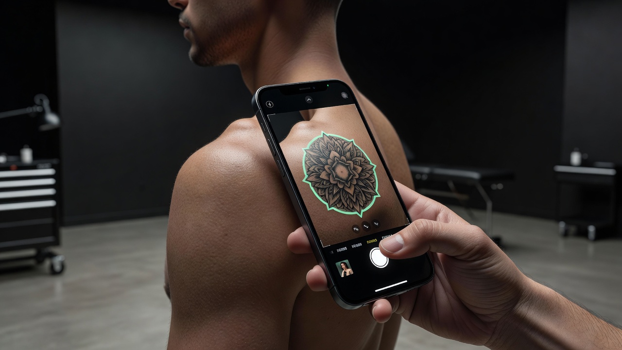 AR try-on preview of an AI-generated tattoo design overlaid on a real shoulder through a smartphone camera