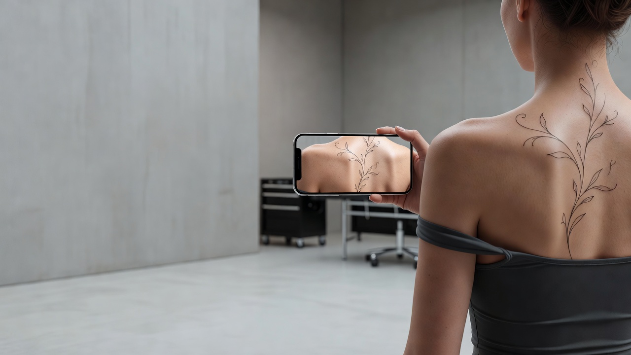Akıllı telefon kamerasıyla gerçek bir omurganın üzerine yerleştirilmiş, yapay zekayla üretilmiş ince çizgili asma dövmesinin AR deneme önizlemesi
