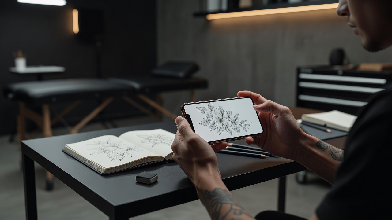 Person refining an AI stomach tattoo prompt on a phone with a curved botanical design on screen