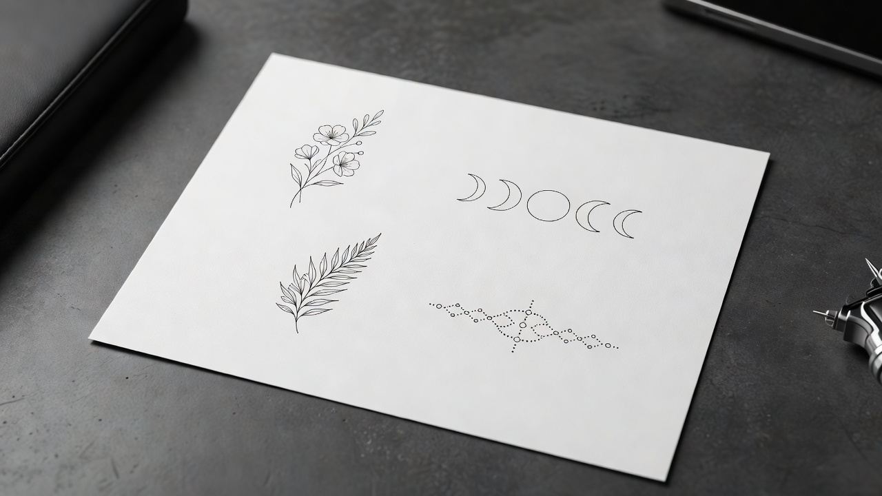 Collection of AI-generated stomach tattoo ideas: a fine-line floral, a crescent moon cluster, a small fern spray and an ornamental line pattern on a plain background