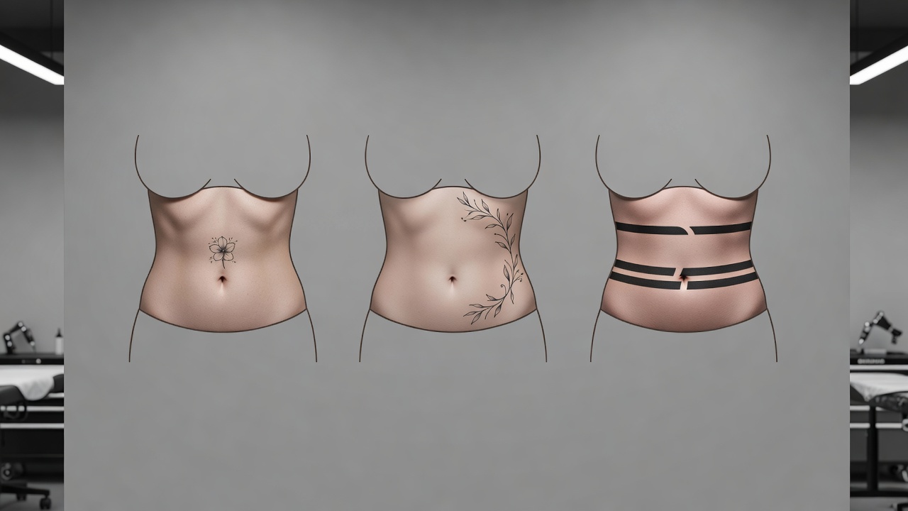 Comparison of AI-generated stomach tattoo layouts: a small centered piece, a design along the side of the belly, and a design wrapping around the waist