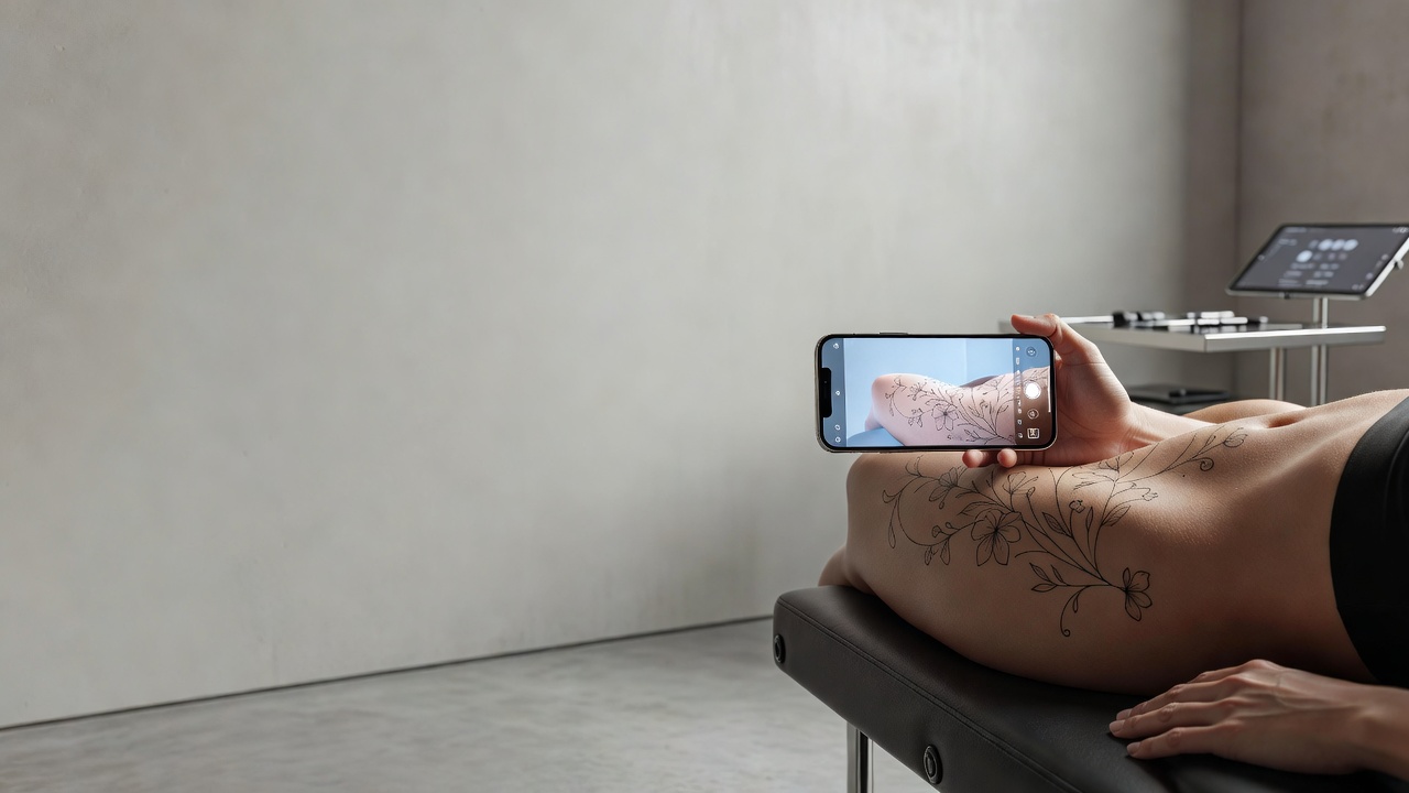 AR try-on preview of an AI-generated fine-line floral tattoo overlaid on a real stomach through a smartphone camera
