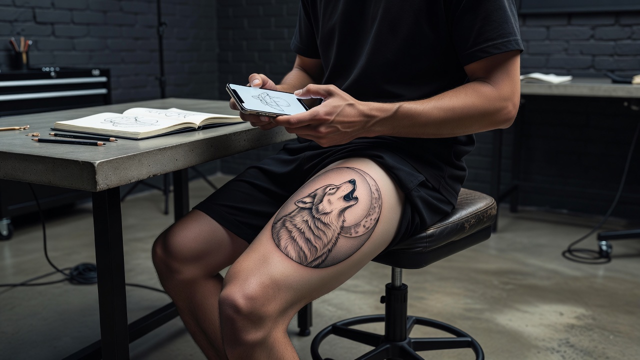 Person refining an AI thigh tattoo prompt on a phone with a large oval wolf and moon composition on screen