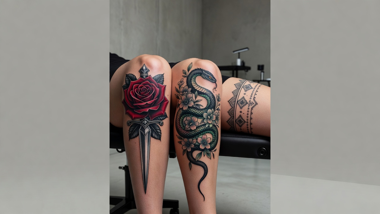 Comparison of AI-generated thigh tattoo placements: front-thigh rose and dagger, outer-thigh vertical serpent and flowers, and a wrap-around upper-thigh band