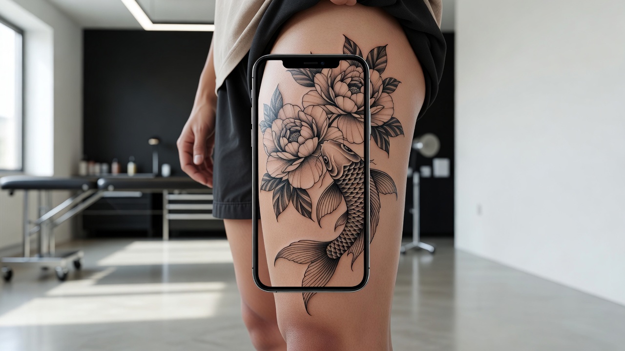 AR try-on preview of an AI-generated peony and koi tattoo overlaid on a real thigh through a smartphone camera