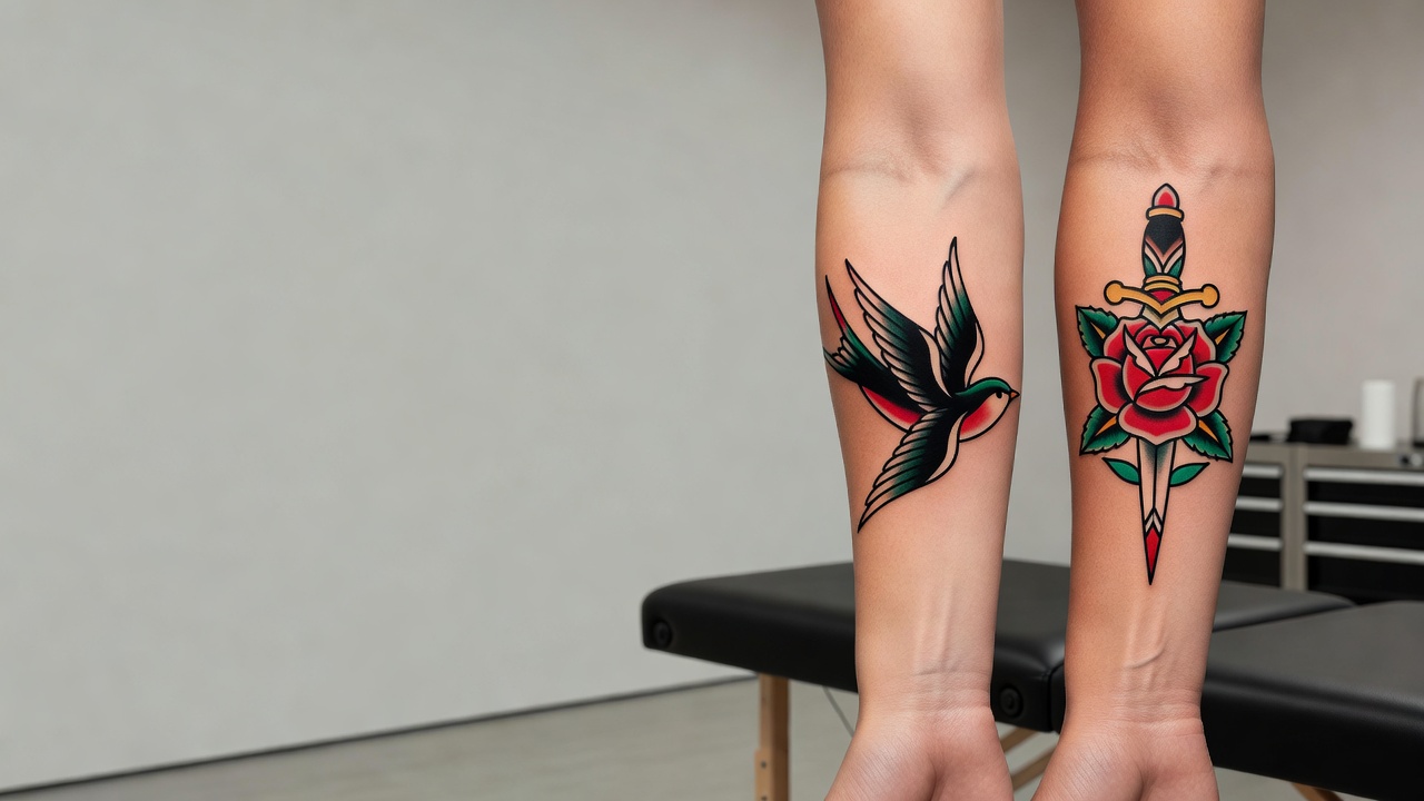 Side-by-side comparison of AI-generated traditional tattoo designs with different line weight and color choices