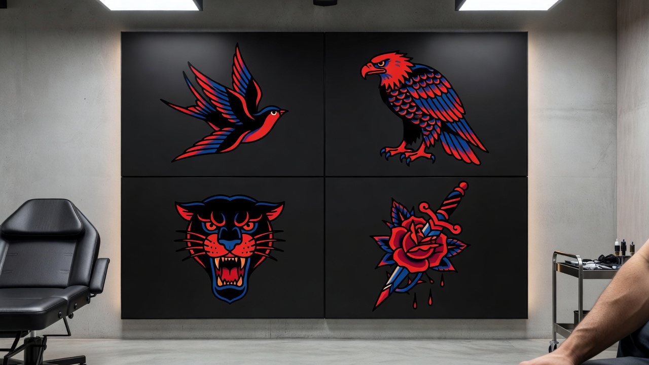 Grid of AI-generated American Traditional tattoo design ideas including a swallow, rose, and anchor design