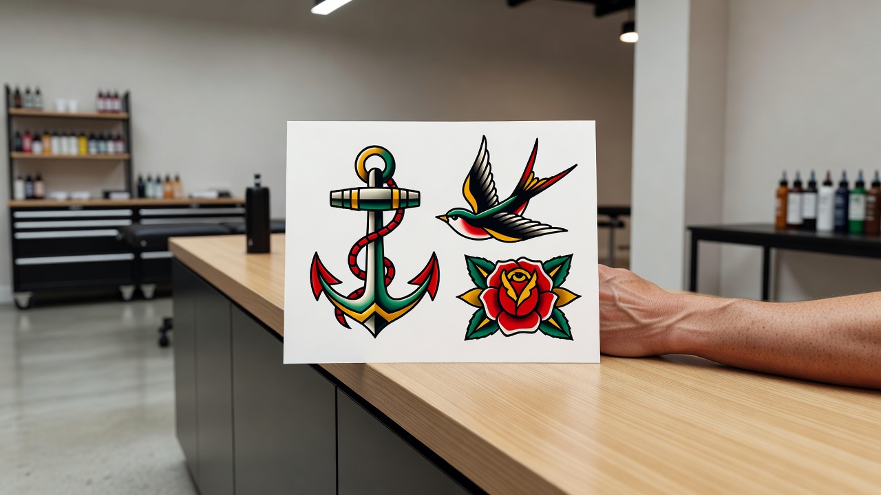 Classic American Traditional tattoo flash sheet with bold outlines showing swallows, roses, and anchors
