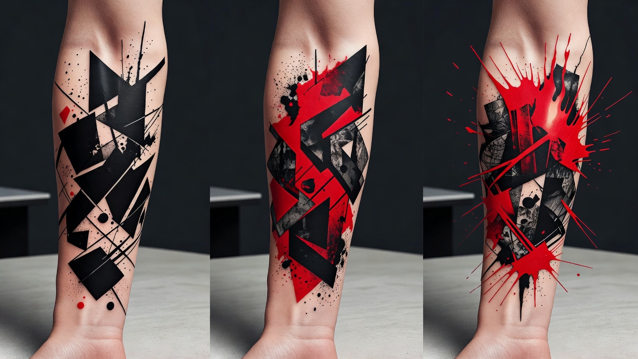 Vergleich von KI-generierten Trash-Polka-Tattoo-Design-Varianten mit unterschiedlicher Balance zwischen rotem Akzent und schwarzen Collagen-Elementen