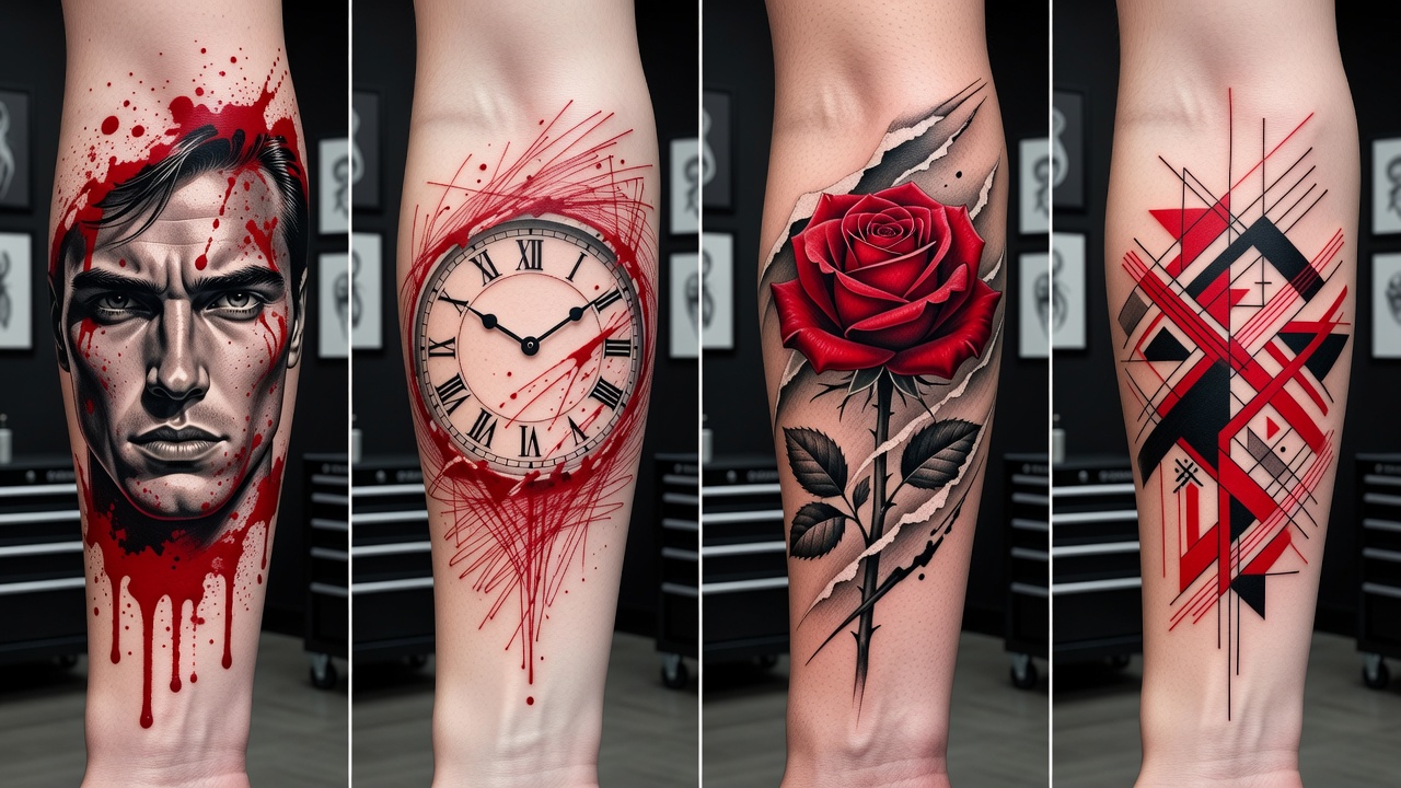 Raster aus KI-generierten Trash-Polka-Tattoo-Design-Ideen mit Porträt-, Uhren- und geometrischen Collagen-Varianten