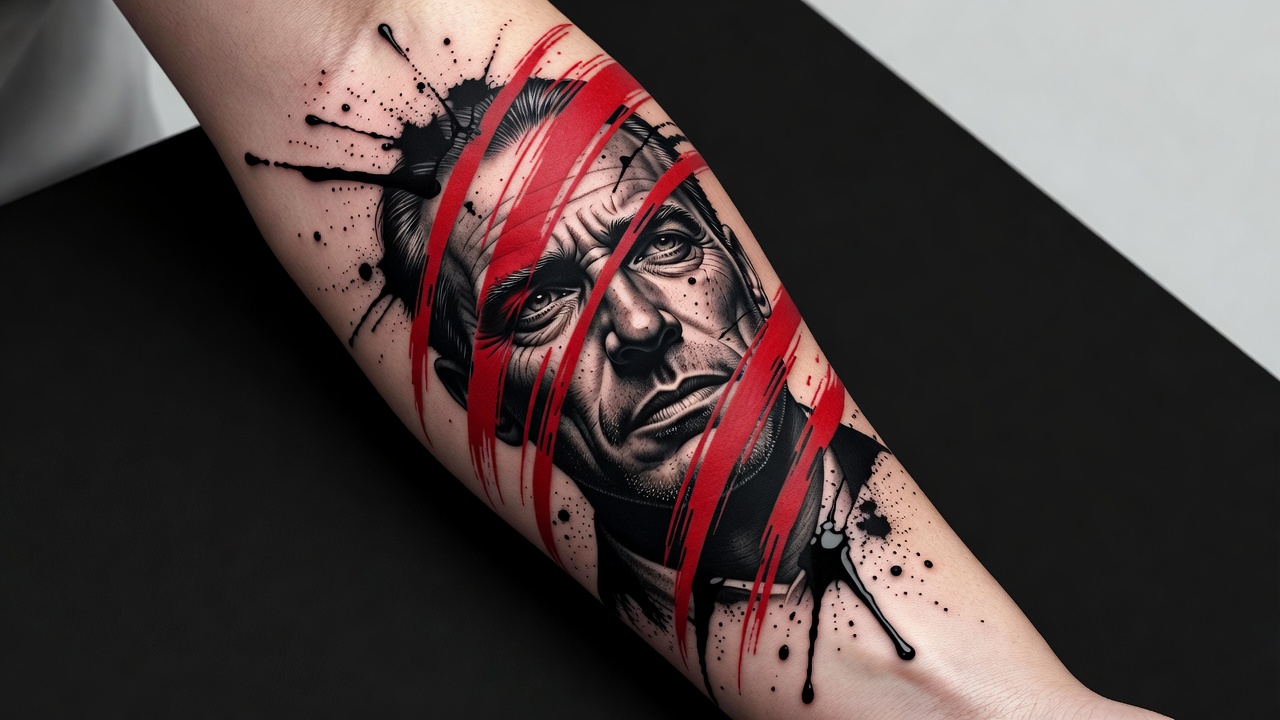 Trash-Polka-Tattoo-Design mit einem realistischen Porträt, collagiert mit abstrakten roten Pinselstrichen und schwarzen Farbspritzern