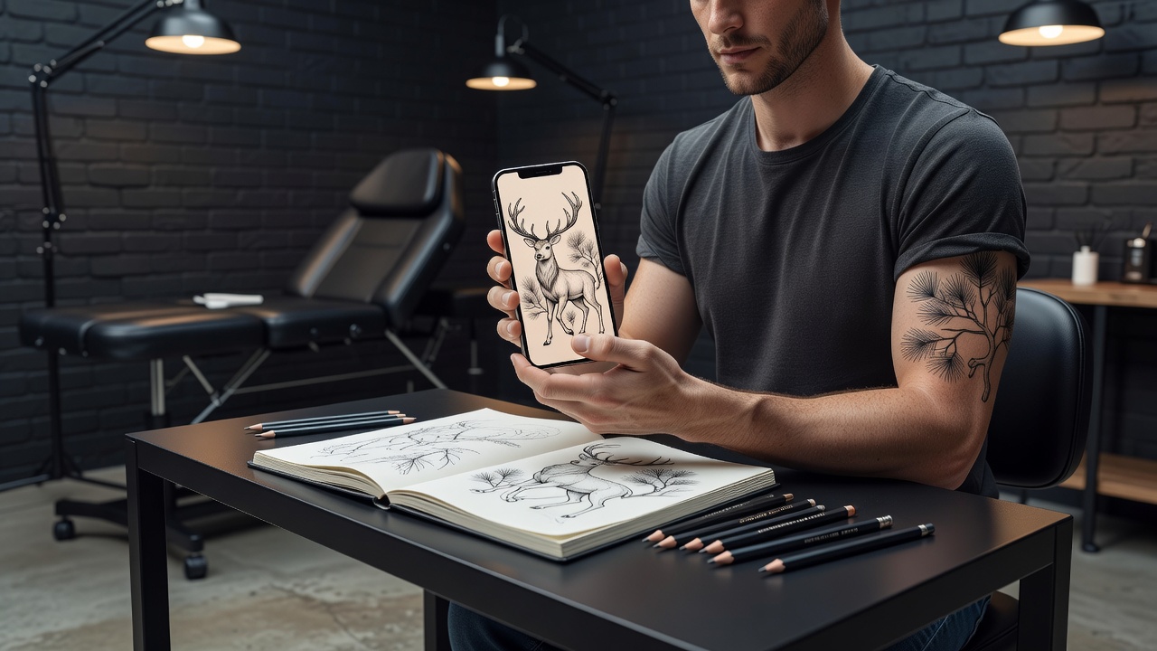 Persona che perfeziona un prompt AI per un tatuaggio sul braccio sul telefono, con sullo schermo una composizione arrotondata di cervo e ramo di pino