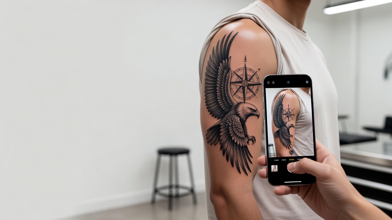 Anteprima in realtà aumentata di un tatuaggio AI con aquila e bussola sovrapposto a un braccio reale tramite la fotocamera dello smartphone