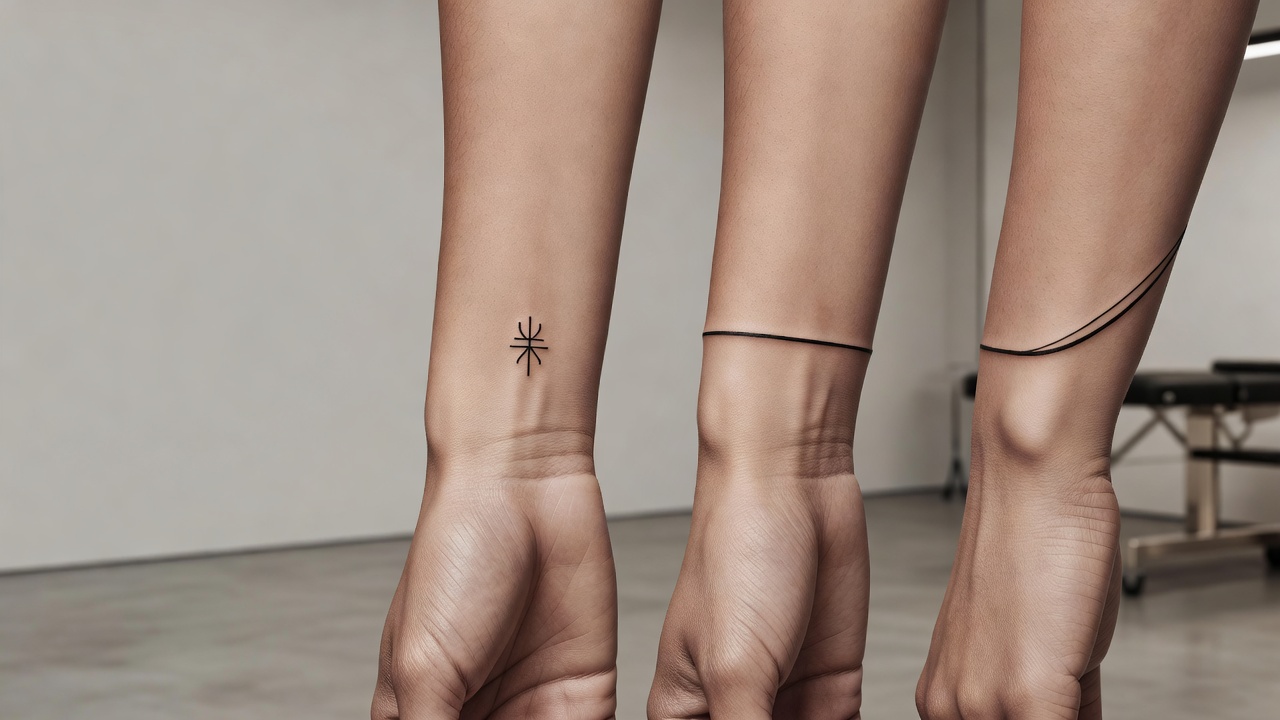 Vergleich von KI-generierten Handgelenk-Tattoo-Platzierungen: Symbol auf der Innenseite, Band auf der Außenseite und Motiv an der Seite des Handgelenks