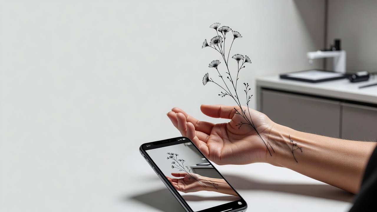 AR-Anprobe eines KI-generierten Wildblumen-Tattoos auf einer echten Handgelenk-Innenseite durch die Smartphone-Kamera