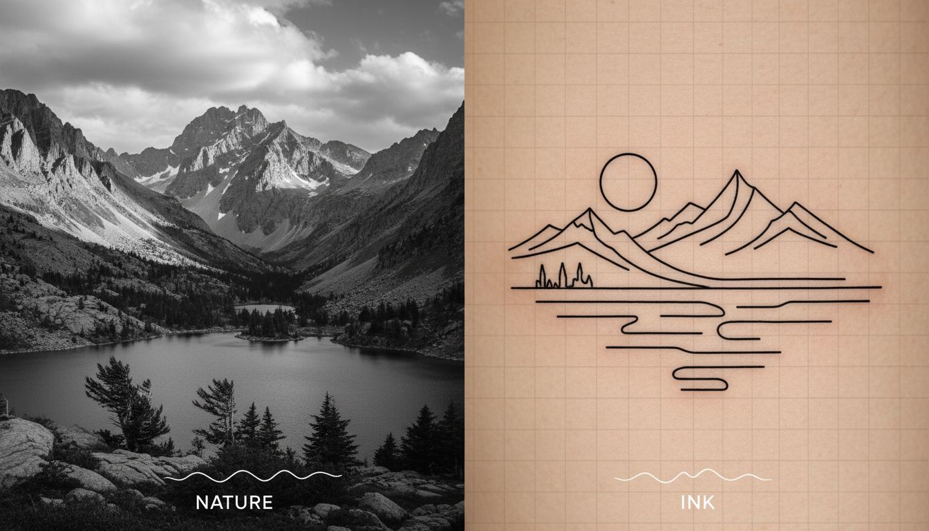 Mountain landscape photograph transformed into minimalist line art tattoo design