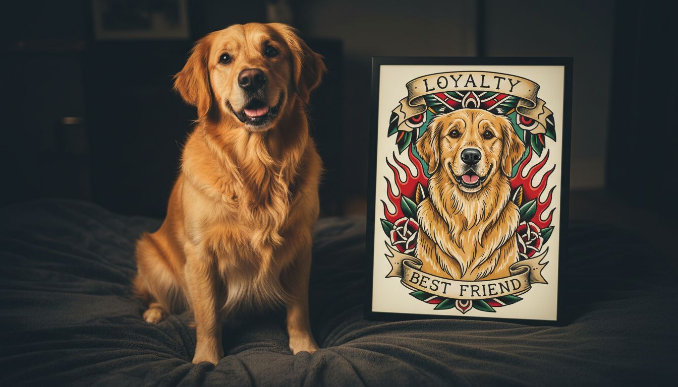 Adorable dog photo next to its AI-generated tattoo version in illustrative style