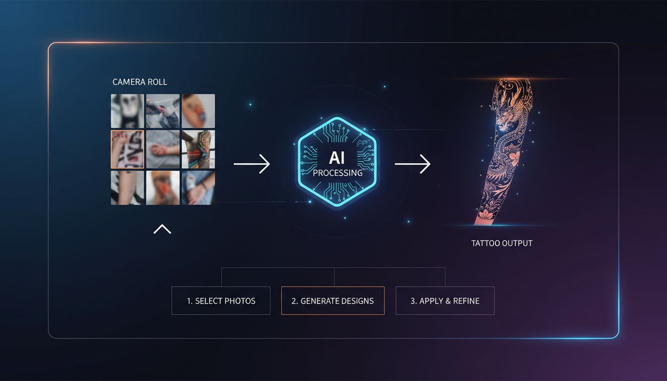 Step-by-step process showing photo upload, AI processing, and tattoo design output