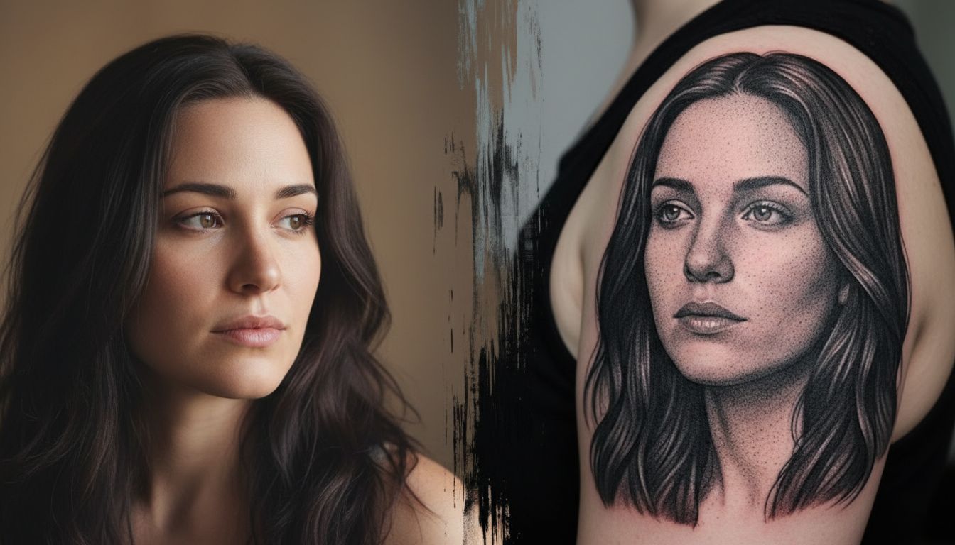 Beautiful portrait photo transforming into a stunning realistic portrait tattoo design